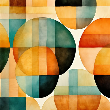 an abstract painting featuring circles in vibrant orange and black hues. the composition is reminiscent of mid-century illustrations, with puzzle-like pieces and colorful geometrics. the use of dark teal and light beige adds depth to the artwork, while realistic watercolors and vivid color blocks create a visually striking effect. screen tones are also incorporated, enhancing the overall aesthetic. ai generatedの素材