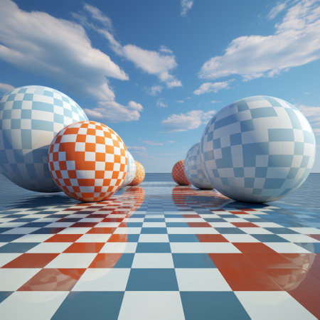 white and checked floor in a 3d rendering, featuring sky-blue and orange spherical sculptures. the style is primitivist realism with painterly surfaces, contrasting values, and flattened perspective. the result is surrealistic landscapes that captivate the viewer's imagination. ai generatedの素材