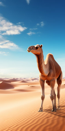 a camel gracefully traverses the vast desert in this stunning photorealistic rendering. the depth of field adds a captivating touch to the scene, while the colorful gradients enhance the overall visual appeal. this image, created with daz3d, showcases realist lifelike accuracy and is available under a creative commons attribution license. the patience of the artist is evident in every detail of this breathtaking depiction. aiの素材