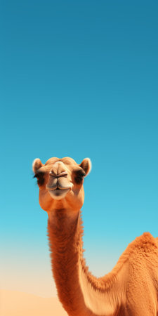 a camel stands atop the desert, surrounded by vast stretches of sand. the photo is captured in a playful cartoon-like style, with cross processing effects adding a touch of uniqueness. the color palette features light sky-blue and dark orange tones, creating a visually striking contrast. this high-quality, ultra-high-definition image showcases the camel's emotive face and the serene beauty of the desert landscape. ai generatedの素材