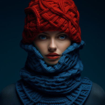 a lady wearing an eyeshadow and knitting hat is portrayed in this portrait. set against a dark background, the image showcases layered and complex compositions in the style of red and azure. created by mike campau, the photo features crossed colors, sculpted elements, and warmcore tones, resulting in a photo-realistic composition. ai generatedの素材