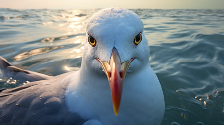 large white seagull in water, captured by caras ionut in an intense close-up style. this creative commons attribution photo showcases lively facial expressions of the seagull. the macro lens highlights bold, cartoonish lines, reminiscent of dutch marine scenes. ai generatedの素材