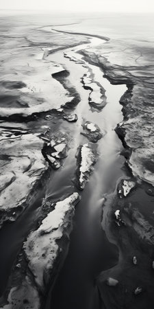 aerial photograph of a black and white river, reminiscent of melting pots. the style, inspired by even mehl amundsen, showcases photorealist details, reflections, and atmospheric color washes. the image captures the presence of rusty debris, adding a touch of texture to the matte photo. ai generatedの素材