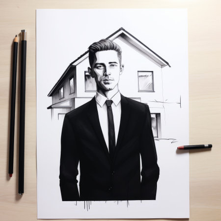 a pen and ink drawing of a man walking, inspired by the style of brandon woelfel. this artwork captures the essence of personality found in celebrity portraits by daniel jaems. with hyperrealistic details reminiscent of architectural illustrator peter coulson, this piece showcases the artist's talent for creating animated gifs in a unique and captivating way. ai generatedの素材