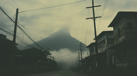cloud covered mountains create an eerie and ethereal atmosphere in this photo. the layered street scenes add a touch of symbolism, reminiscent of esteban vicente's style. shot with lomography lady grey film, the image captures the beauty of rural life while also hinting at a sense of ethereal horror. the concept of kintsukuroi, the art of embracing imperfections, is subtly depicted in this captivating composition.の素材