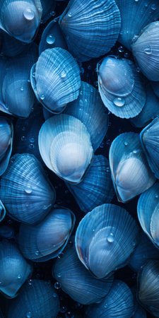 a group of blue shells, arranged in the style of marcin sobas, are captured in this photo. the shells are stacked on top of each other, showcasing wet-on-wet blending techniques. the image features minimal retouching and boasts richly detailed backgrounds. with a wimmelbilder effect, the close-up shot highlights the light white and dark indigo tones of the shells. ai generatedの素材