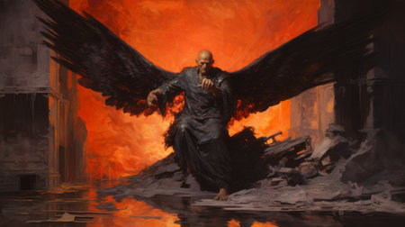 illustration of a demon god engulfed in flames, showcasing the influence of realistic bird paintings, bay area figurative art, dark reflections, ashcan school, monumental figures, low-angle perspectives, and dramatic diagonals. ai generatedの素材