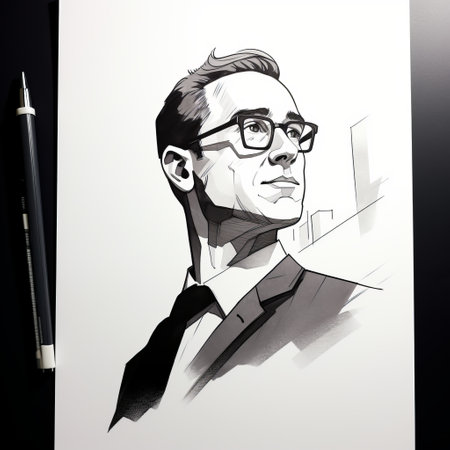 a man holding a pen is depicted in this illustration by daithylamont. the artwork is inspired by the styles of zack snyder and stan lee, featuring a crisp and clean look. the asymmetrical framing adds visual interest, reminiscent of patrick mchale's work. the portrait is beautifully lit with soft lighting, showcasing the artist's skill in design and architecture study. ai generatedの素材