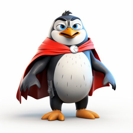 a penguin wearing a red cape, rendered in cinema4d, showcases detailed character expressions. the penguin's color palette consists of light gray and indigo, creating a visually striking image. this artwork, commissioned by george stefanescu and lorenzo costa the younger, features a shiny finish that adds to its overall appeal. ai generatedの素材
