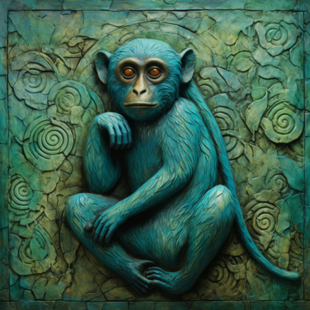 painter michael beakyes has created a stunning sculpture of a blue monkey sitting on an embroidered ground. this fantasy illustration-style artwork showcases intricate details, with elements of airbrush art and a color palette of green and bronze. the background features intricate and detailed elements, while the monkey itself is rendered in a chiaroscuro portrait style. the sculpture is a remarkable example of relief art, expertlyの素材