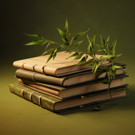 a pile of books adorned with branches, showcasing a zbrush-inspired design. the tropical symbolism of green and beige hues adds a serene touch to the uniformly staged image. this zen-inspired composition, created by mike campau, captures the essence of internet academia. ai generatedの素材