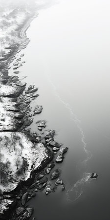 aerial view of tukea river, showcasing the norwegian nature in black and white. this surrealistic photograph captures the muted tones and realist details of the snow scenes. the distillation of forms and meditative color contrasts create a visually captivating image, while the ultrafine detail adds depth to the composition. ai generatedの素材
