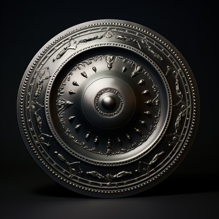 a silver shield featuring intricate decorative designs is showcased against a captivating black background. this visually stunning piece draws inspiration from various elements such as vray tracing, ancient world motifs, tondo, mechanized forms, and hellenistic art. with historically accurate details and eye-catching craftsmanship, this shield is a true masterpiece. ai generatedの素材