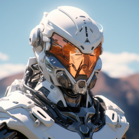 a man wearing a cybersuit stands in front of a mountain, portrayed in a hyper-realistic style rendered in unreal engine. the close-up image showcases the elegant and emotive faces of the man. the color palette consists of white and orange, creating a visually striking composition. the photograph captures the dynamic brushstrokes reminiscent of the konica auto s3 camera. ai generatedの素材