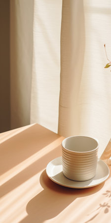 a cup on a chiffon table next to a window, in the style of minimalistic japanese. this minimalist still life captures a whimsical ambiance with its black and beige color palette. the sparse and simple composition exudes a subtle, whimsical folk-inspired charm. photographed by an interior design photographer, the image showcases a lot of detail in the objects. shot with a canon eos r5, theの素材