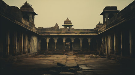 an indian udaipur sandstone ruin in udaipur, india, rajasthan, captured by marta bevacqua. this gothic-style photograph showcases dark and moody tones, with expansive spaces and a blown-off-roof perspective. the light gray and dark amber hues add depth to the image, while religious symbolism can be seen throughout. this high-resolution photograph offers a unique and captivating view of the ruin. ai generatedの素材