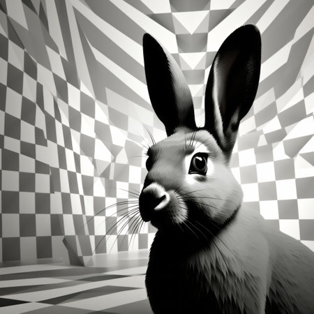a rabbit sits on a checkered surface surrounded by trees, showcasing an optical op art style. the image features realistic chiaroscuro lighting and animated illustrations. it is presented in black and white grayscale, reminiscent of the aesthetics of alejandro jodorowsky and xbox 360 graphics. the rabbit's intense gaze adds to the captivating nature of the photo. ai generatedの素材