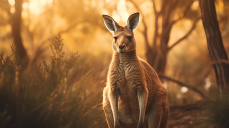 a kangaroo sitting on the ground, looking up with a curious expression. this photo, in the style of joel robison, features a light orange and light gold color palette. the layered imagery adds a touch of subtle irony, while the rich tonal palette enhances the overall beauty. sunrays shine upon the kangaroo, making it even more captivating. ai generatedの素材