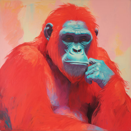 an orangutan, adorned in vibrant red attire, captivates the viewer in this pensive surrealism-inspired image. the soft pastel tones and saturated color palette enhance the dreamlike quality, while the loose gestures and hard edge painting technique add depth and texture. this artwork beautifully combines elements of mote kei fashion and characterized animals, creating a visually striking composition. ai generatedの素材