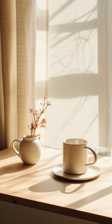 a cup sits on a flannel table next to a window, capturing the essence of minimalistic japanese style. the black and beige color scheme creates a whimsical ambiance, while the sparse and simple composition exudes a subtle charm. this minimalist still life, photographed by an interior design photographer using a canon eos r5, showcases intricate details in the objects. the image has a very realの素材