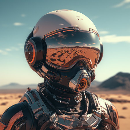 a futuristic space helmet with a playful character design is showcased in this photorealistic landscape. the selective focus highlights the intricate details of the helmet's design. with a desertpunk aesthetic and vibrant colors reminiscent of kodak elite chrome extra color, this 32k uhd image captures the essence of a futuristic space adventure. ai generatedの素材