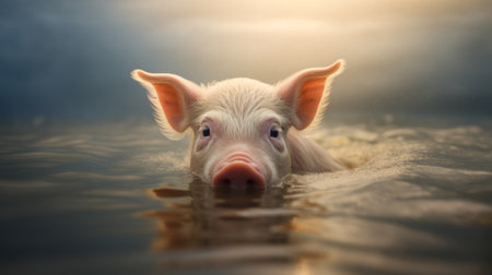 a small pig swimming in the water, captured in a playful mythology-inspired style. the soft-focus portrait showcases the pig's adorable expression as it looks out from the water. the use of vray tracing enhances the details and textures, reminiscent of the works of joseph farquharson, adrianus eversen, and mikko lagerstedt. ai generatedの素材