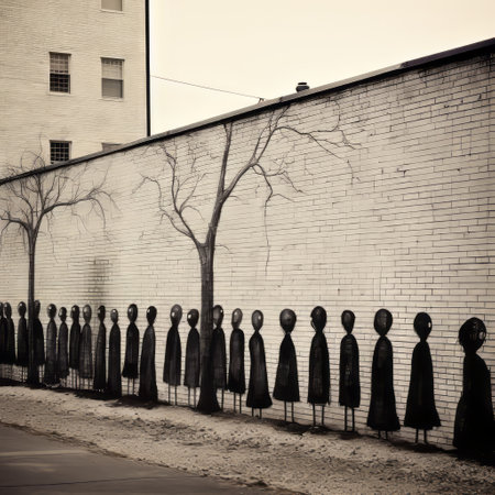 sidewalk covered with graffiti featuring a monochromatic minimalist portrait of a woman in a mask and a tree. the artwork is reminiscent of whimsical figurines and is inspired by the styles of dan witz, john kenn mortensen, and southern gothic. this captivating image can be found on flickr and is reminiscent of the works of spencer tunick. ai generatedの素材