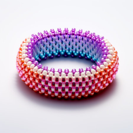 a colorful printed beaded bracelet, featuring a luminous 3d design in light magenta and orange. the rim light adds depth and creates an illusion of three-dimensionality. with its open form and sparse use of color, this bracelet embodies the unique style of oshare kei. ai generatedの素材