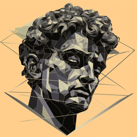 ancient greek portrait featuring a pensive figure with curly hair, depicted in a monoline style reminiscent of james bullough. the abstract design showcases multifaceted geometry, similar to the works of antony gormley. the color palette includes light yellow and dark gray, enhancing the three-dimensional effects. this artwork by cody ellingham captures the essence of introspective portraiture. ai generatedの素材