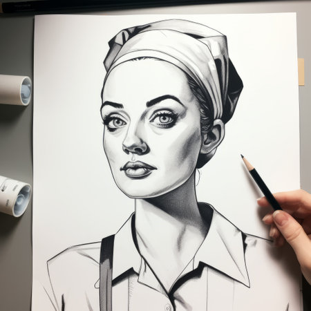 a cartoon woman is depicted in this pencil illustration art, showcasing a high-contrast realism style. the artwork features realistic hyper-detailed portraits, reminiscent of soviet propaganda. the use of photo-realistic techniques and hyperrealistic murals is evident, while the clean and sharp inking adds to the overall aesthetic. this piece is a testament to the skills of the minimalist illustrator. ai generatedの素材