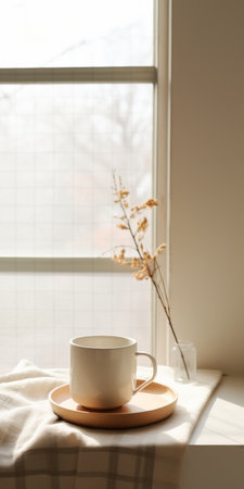 a cup sits on a flannel table next to a window, capturing the essence of minimalistic japanese style. the black and beige color palette creates a minimalist still life with a whimsical ambiance. the photograph, taken by an interior design photographer using a canon eos r5, showcases a lot of detail in the objects. with a touch of film grain and a cinemotographic feel, thisの素材