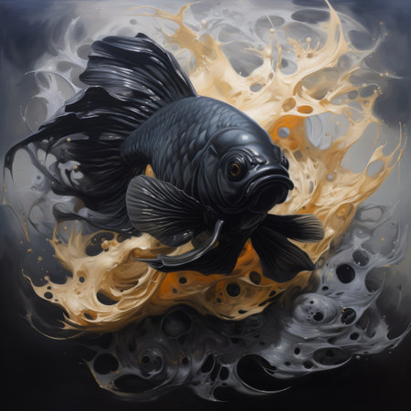 an abstract painting of a black fish swimming in water on paper. this realistic fantasy artwork features dark gray and light gold tones, creating a nightmarish atmosphere. the illustration showcases swirling vortexes and a detailed character design. the smokey background adds to the overall lowbrow art style of the piece. ai generatedの素材
