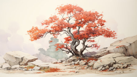 an old tree stands tall in a forest, surrounded by lush green grass. this colorful ink wash painting captures the essence of northern china's terrain, with its light crimson and amber hues. the artist, serge marshennikov, showcases his detailed character design skills in this stunning depiction. the mediterranean landscapes add a touch of orange and azure to the overall composition. ai generatedの素材