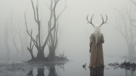 a forest photoshoot featuring a deer captured by photographer christian hansdotter. the photo showcases an ethereal landscape with reflections and mirroring, reminiscent of the style of ray caesar. this contemporary take on medieval art is made even more captivating with the misty atmosphere, reminiscent of the works of david inshaw. ai generatedの素材