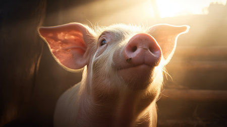a pink pig stands out in the dark, illuminated by sunrays that create a dramatic effect. the pig's exaggerated facial features add a touch of whimsy to the portrait, which is captured with soft lighting. influenced by precisionism, the image showcases a blend of light white and amber tones. this captivating photograph, depicting a bucolic scene, has won a contest. ai generatedの素材