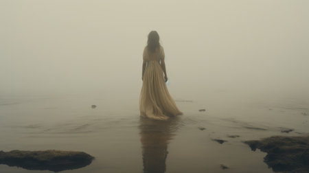 a white lady stands on the edge of the water, dressed in a white veil, on a fog-covered ocean beach. the photo captures an ethereal horror vibe, with elements of dark amber and amber tones. it draws inspiration from american tonalism and atmospheric woodland imagery. the image depicts trapped emotions, creating captivating and emotional imagery. the muted tones and surrealism add to its overall impact.の素材
