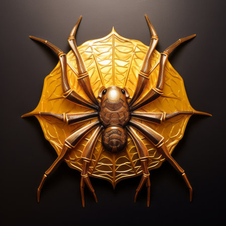 a detailed golden spider with a long curved horn is depicted in this media intrusion art style relief sculpture. the sculpture showcases realistic still lifes with dramatic lighting, drawing inspiration from maori art. crafted from rubber, the symmetrical arrangement of this tondo artwork captures the intricate beauty of the spider. ai generatedの素材