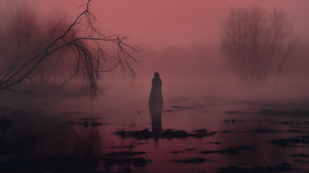 a man stands in a still lake during sunset, surrounded by a misty gothic atmosphere. the dark pink and crimson hues create a ghostly presence, reminiscent of the soft and dreamy depictions found in the dusseldorf school of photography. the shadowy drama and atmospheric woodland imagery add to the captivating scene. ai generatedの素材