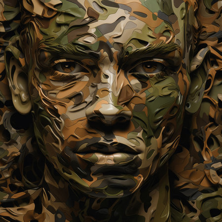 a face in camouflage is captured by the camera, showcasing sculptural dimensionality and hyper-detailed illustrations. this digital artwork combines generative art techniques with precisionist art elements, featuring a heavy use of palette knives. the color palette includes dark gold and light bronze, adding depth and richness to the composition. ai generatedの素材