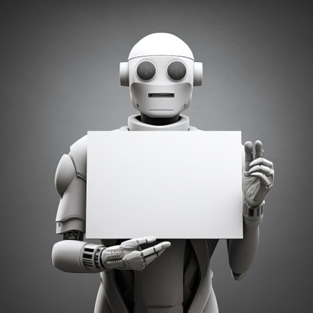 3d robot holding sign on grey background with text. the robot is designed in a style that combines elements of primitivist realism, mono-ha, and infrared aesthetics. the composition features an empty space, allowing the focus to be on the robot and the sign. this image is available under the creative commons attribution license. ai generatedの素材