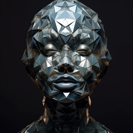 a 3d polygonal woman is depicted in this dark silver and bronze illustration, showcasing intricate geometric shapes. inspired by traditional african art and the sculptural expression of pieter hugo, the artwork features eye-catching details and robotic motifs. this site-specific work combines the beauty of geometry with a contemporary twist. ai generatedの素材