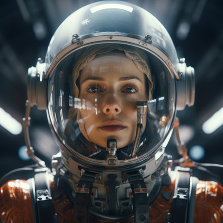 astronaut model in a cyberpunk dystopia-inspired spacesuit, showcased in a 360-degree image. created using cinema4d, this artwork by elizabeth gadd and kathrin longhurst features intricate character expressions. the dark green and orange color scheme adds a captivating touch, while the use of rtx technology enhances the visual quality. ai generatedの素材