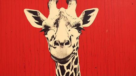 a painted giraffe stands out against a vibrant red background in this thought-provoking street art painting. inspired by the styles of kenneth rocafort, etam cru, and woodblock prints, this close-up artwork captures the essence of social commentary. created by martin creed, this unique and one-of-a-kind piece is sure to captivate viewers. ai generatedの素材
