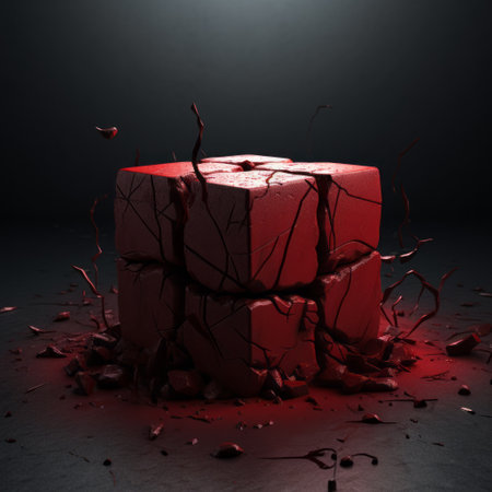 red brick icon desktop wallpaper featuring a cubist shattered planes style. this hyper-realistic still life showcases a dark and menacing atmosphere with cracked details. captured with a hasselblad h6d-400c by chris labrooy, this wallpaper evokes a strong emotional impact. download it for free now. ai generatedの素材