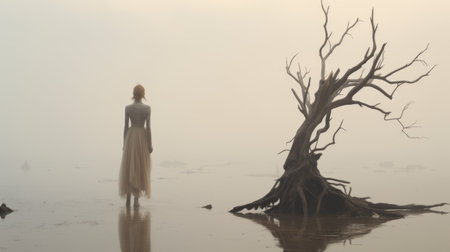 a girl in a white dress stands near a dead tree, creating a captivating scene reminiscent of matte painting. this photograph, inspired by the works of scarlett hooft graafland and bruno walpoth, showcases majestic and sweeping seascapes. with a touch of light amber and gray, it evokes the atmosphere of a movie still. ai generatedの素材
