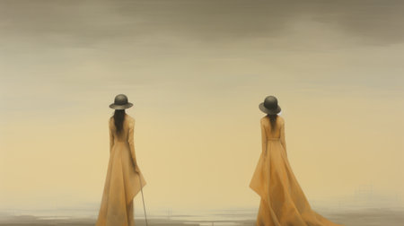 two women, in the style of muted tones and surrealism, stand next to each other on an empty beach. the scene is reminiscent of the song dynasty, with hints of yellow and bronze. this digital art piece combines elements of brooding cityscapes, brushstroke fields, and a touch of neo-victorian aesthetics. ai generatedの素材