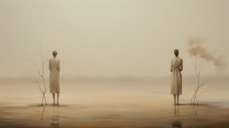 two people walking near the water, captured in a surrealistic style with muted tones of beige and amber. the image, with a resolution of 3840x2160, combines elements of realism and ethereality. dusty piles and haunting portraiture add to the overall ambiance, reminiscent of the dansaekhwa art movement. ai generatedの素材