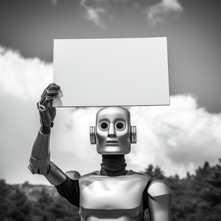 a metallic robot stands against a backdrop of cloudy trees, holding a blank sign. this black-and-white photograph captures the candid essence of famous figures, highlighting their facial expressions. the image is characterized by light gray and light amber tones, giving it a pseudo-infrared effect. the use of paper adds an intriguing element to the composition. ai generatedの素材