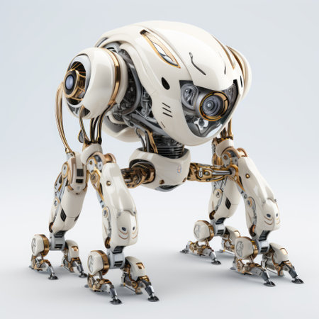a 3d modern robot in golden and white color stands out against a matte background. this stock photo captures the essence of the zeiss milvus 25mm f14 ze lens style, with a touch of manticore inspiration. the intricate details showcase a blend of wildlife and futuristic victorian elements. the intense movement expression adds to the majestic presence of the robot, complemented by the light beigeの素材