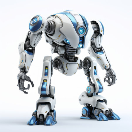 a gray and blue robot stands on a white background, exuding a dynamic and action-packed vibe. the robot's design is reminiscent of a suburban ennui capturer, with light cyan and white accents. the image has a low resolution, giving it a webcore aesthetic, and is reminiscent of yankeecore style. ai generatedの素材
